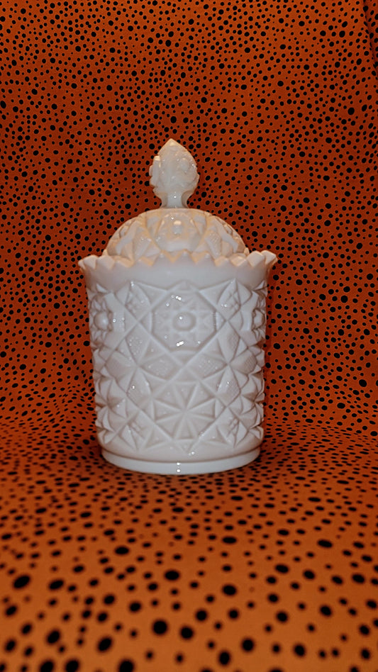 Vintage MCM 1950s Fostoria Winburn Pattern Milk Glass Cracker Jar Sawtooth Edge